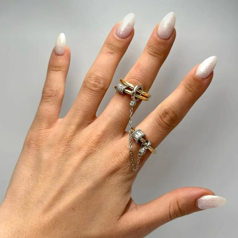 Gold & Silver Trio Adjustable Ring | Modern Chain Design - Picture 3 of 9